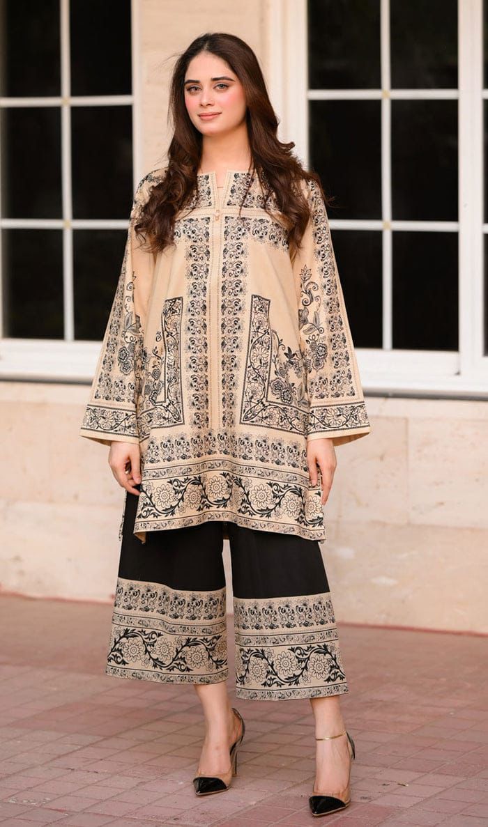 Beige & Black Traditional Printed 2-Piece Suit