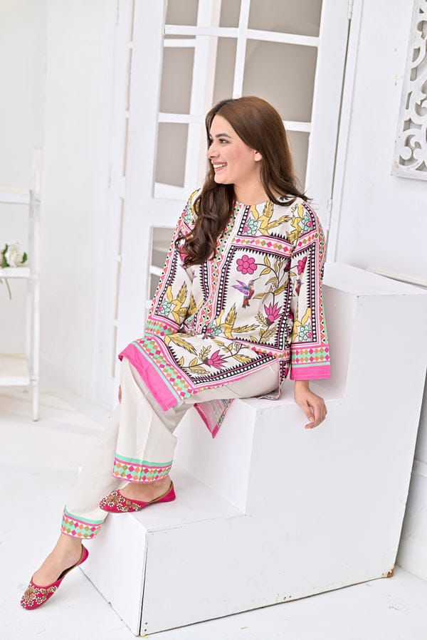 White & Pink Floral Block Printed 2-Piece Suit