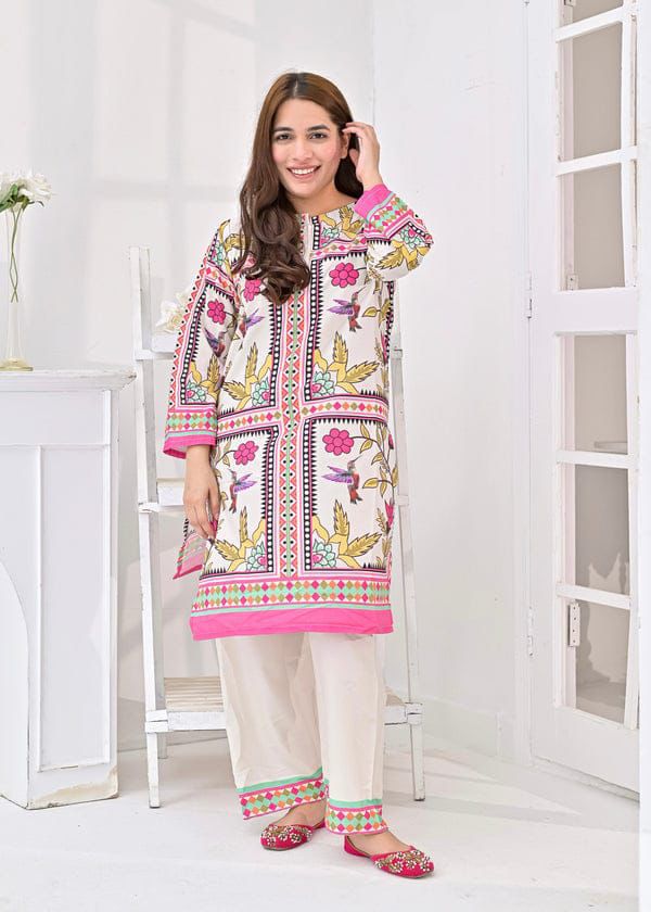 White & Pink Floral Block Printed 2-Piece Suit
