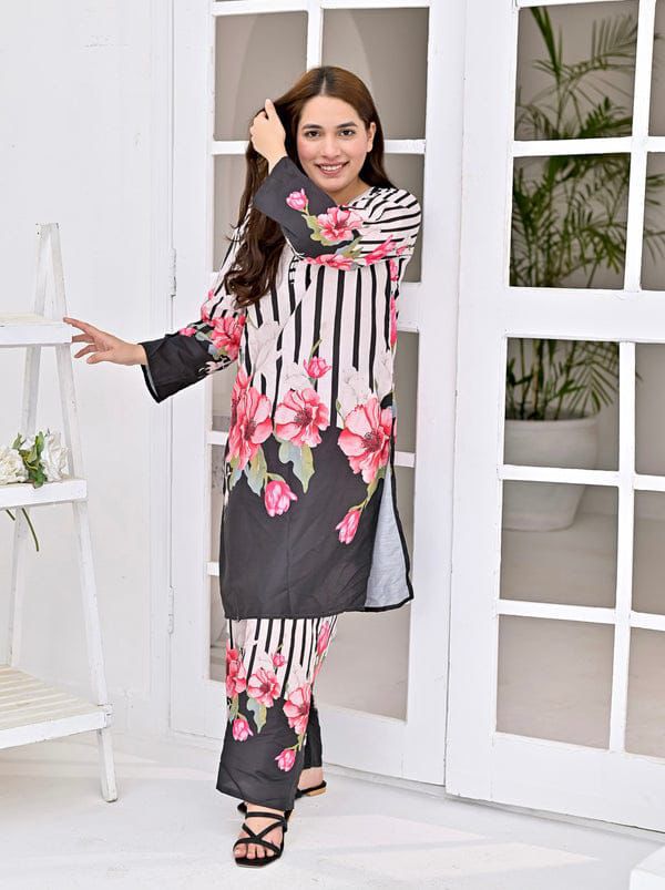 Black & White Striped Floral Printed 2-Piece Suit