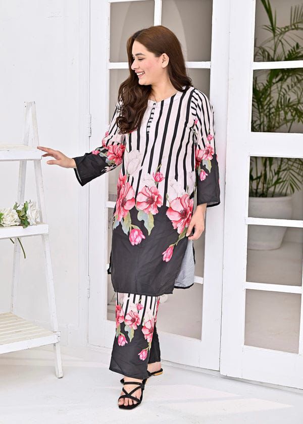 Black & White Striped Floral Printed 2-Piece Suit