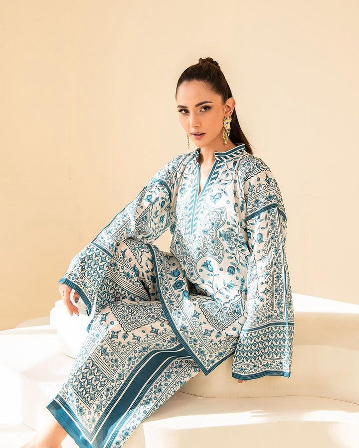 Teal & White Traditional Printed 2-Piece Suit