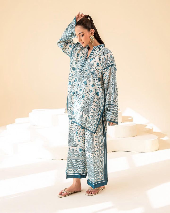 Teal & White Traditional Printed 2-Piece Suit