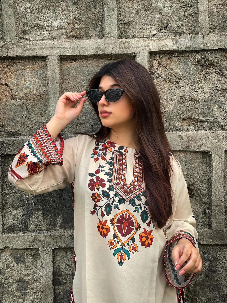 Cream & Maroon Ethnic Embroidered 2-Piece Suit