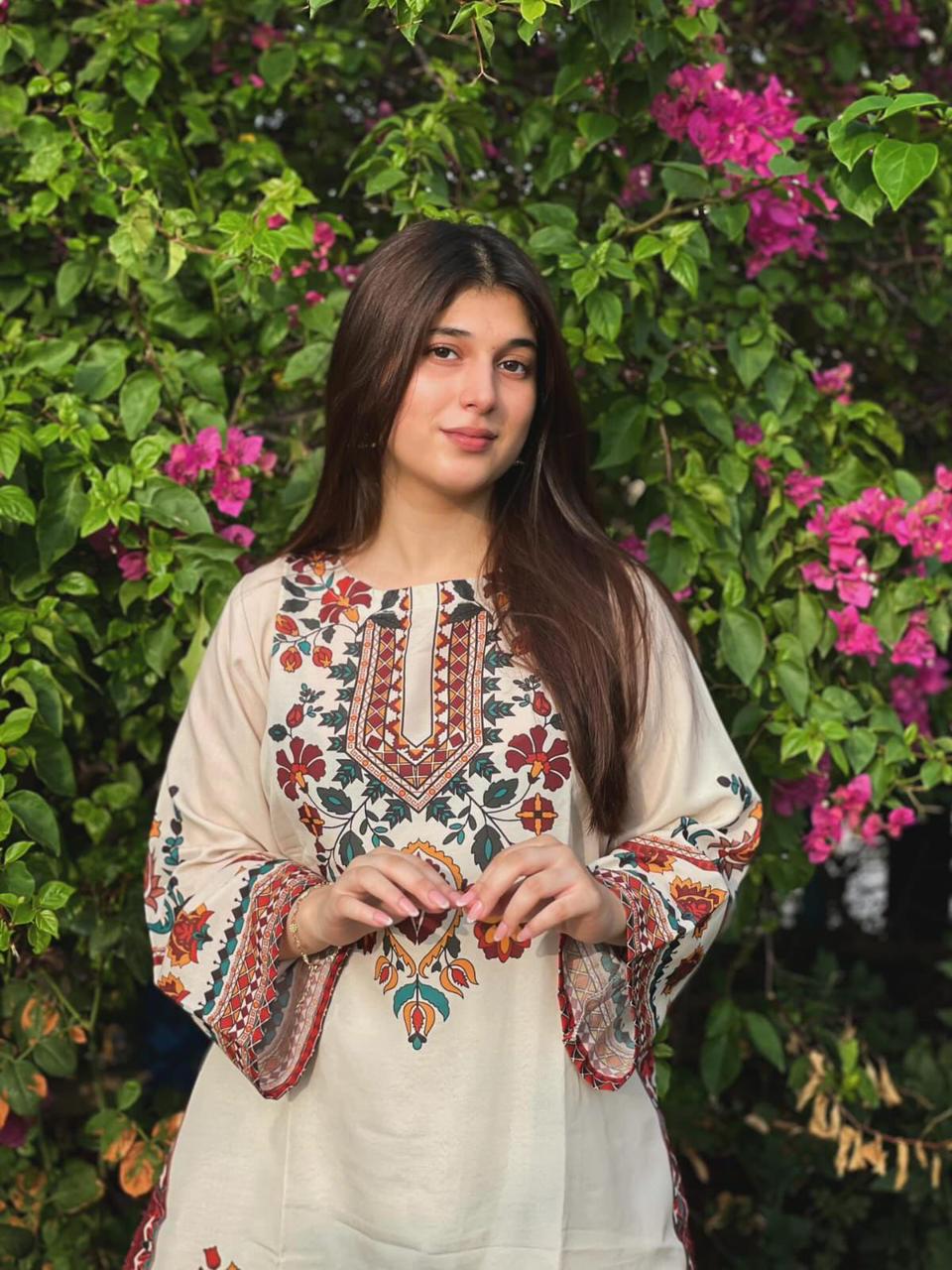 Cream & Maroon Ethnic Embroidered 2-Piece Suit