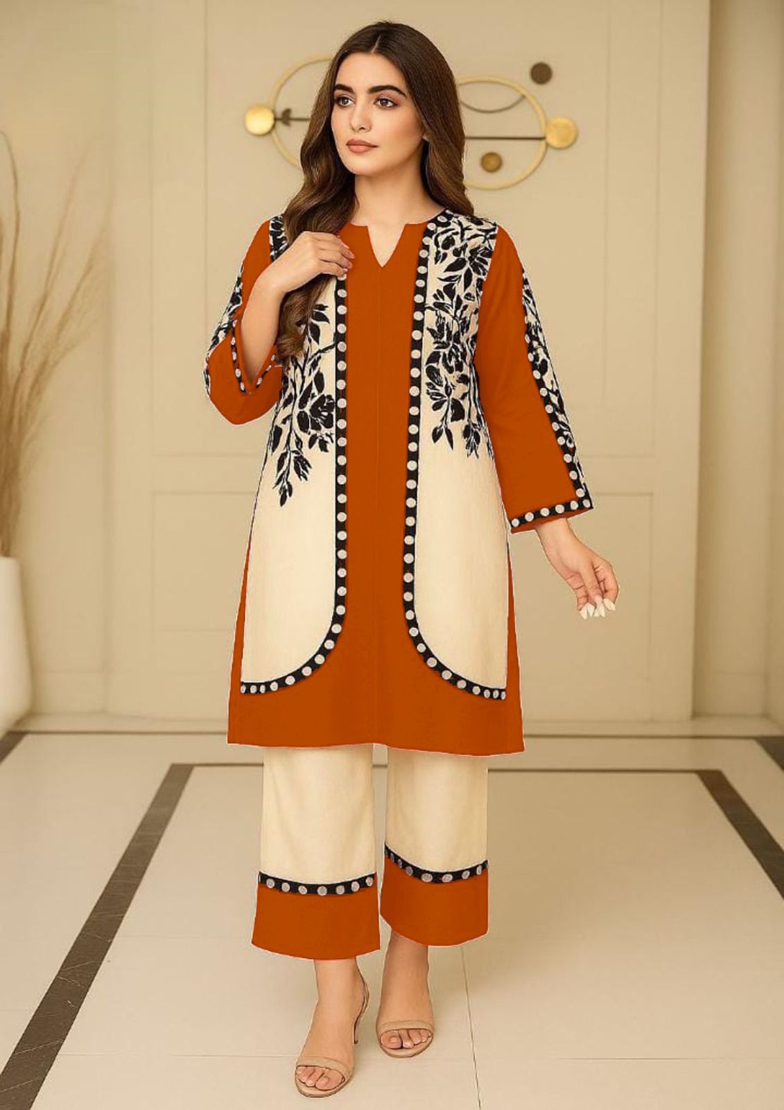 Rust & Ivory Contrast Printed 2-Piece Suit