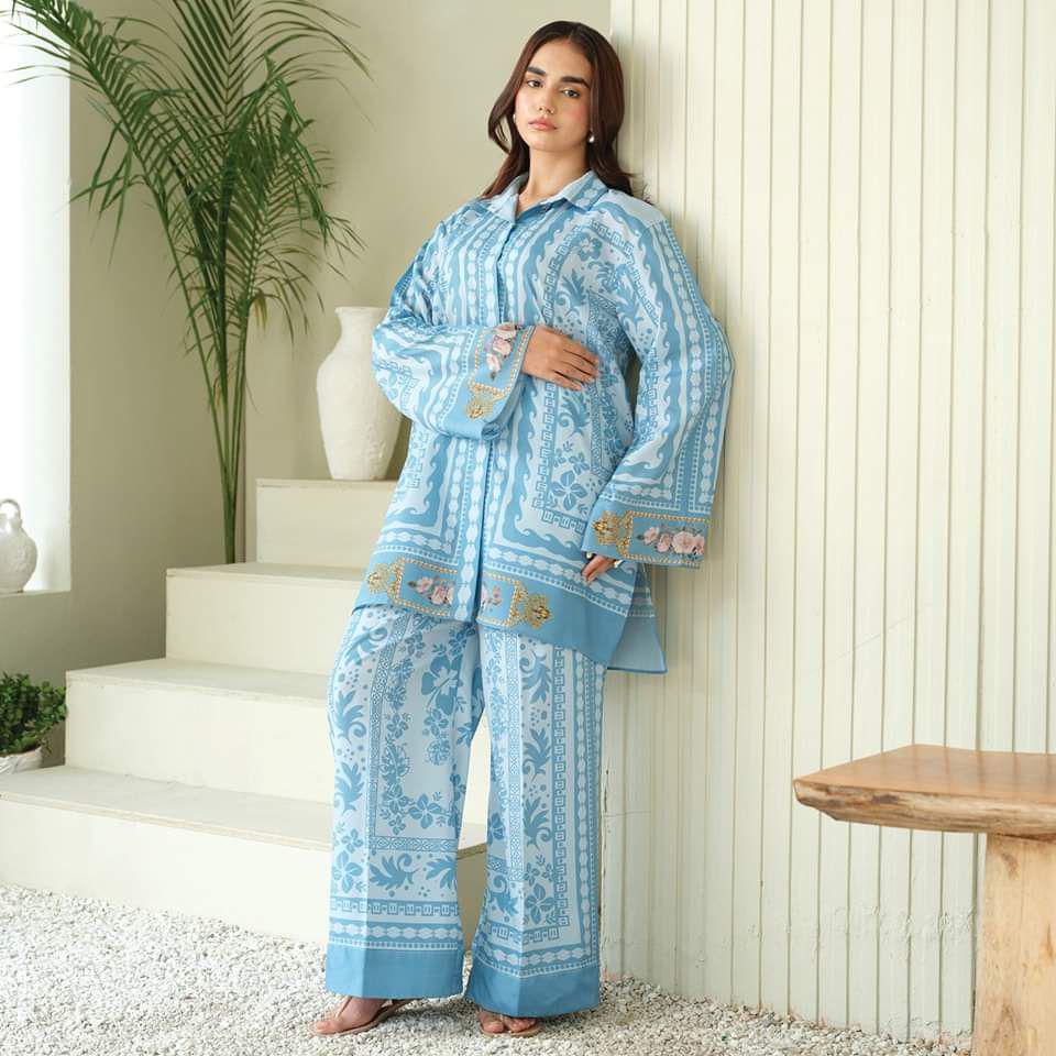Sky Blue Pastel Printed 2-Piece Suit