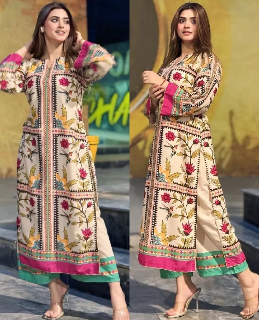 Cream & Multicolor Floral Printed Long Dress