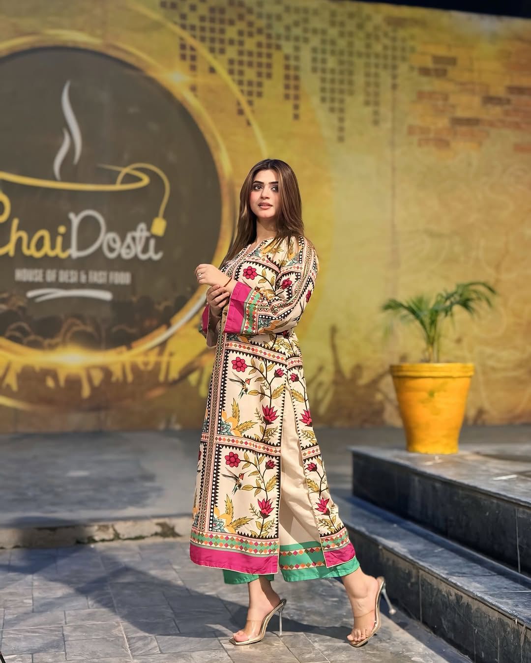 Cream & Multicolor Floral Printed Long Dress