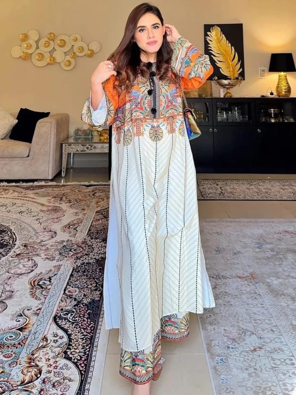 White & Orange Ethnic Long Printed Dress