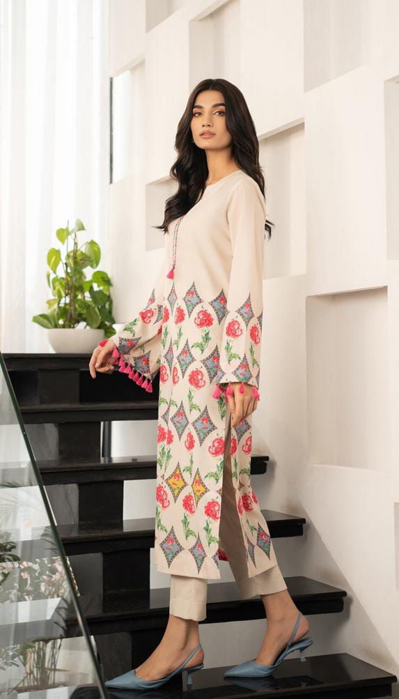 Cream & Pink Geometric Printed Kurta