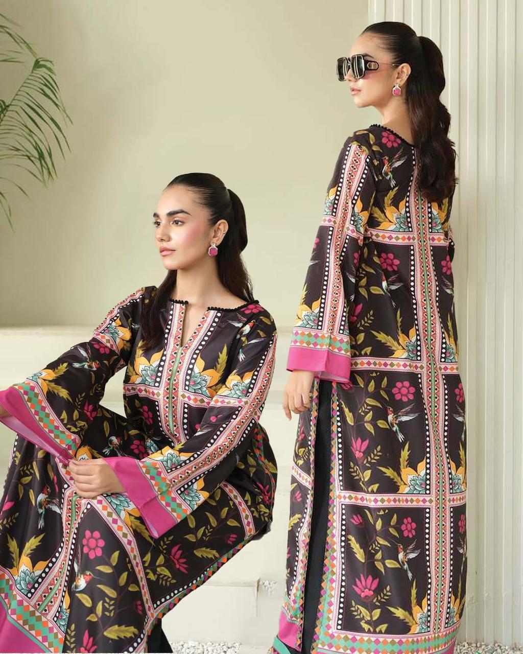 Black & Pink Floral Printed Long Dress