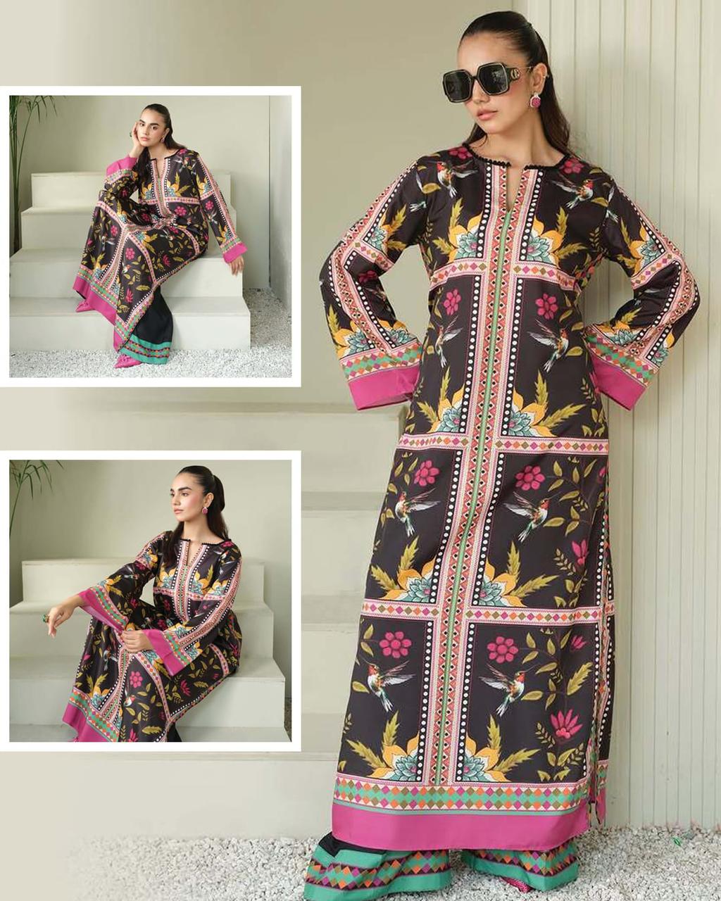 Black & Pink Floral Printed Long Dress