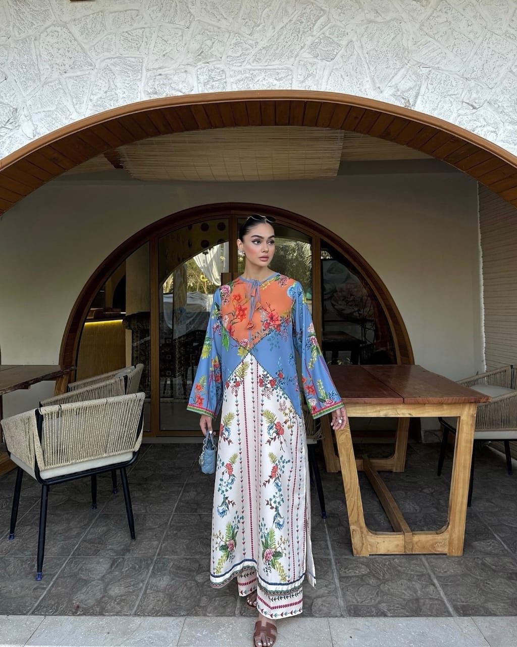 Blue & Orange Multi-Color Printed Long Dress