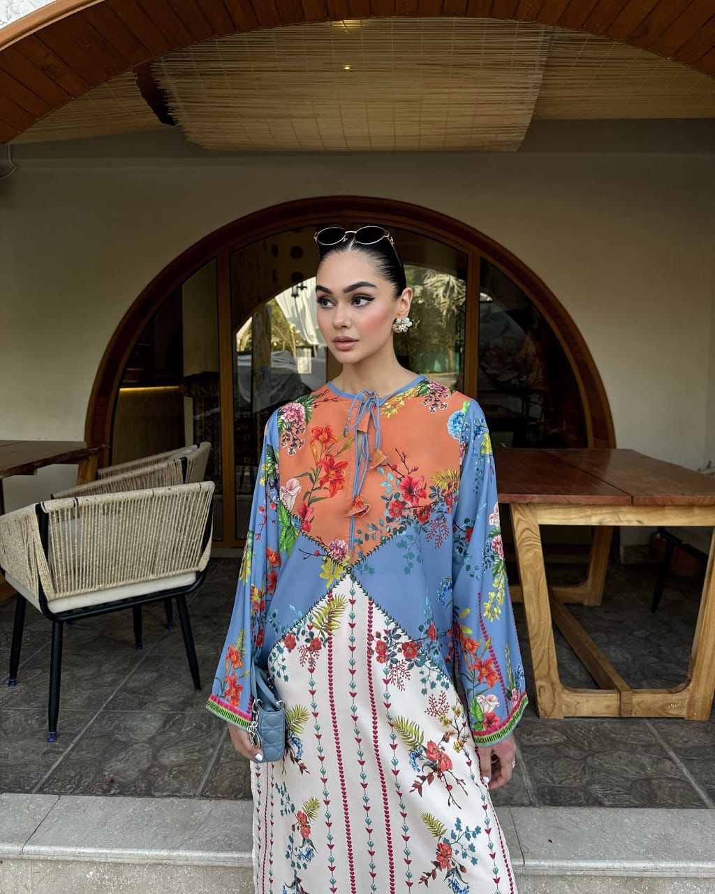 Blue & Orange Multi-Color Printed Long Dress