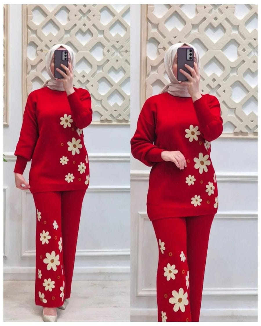 Drop Shoulder Side Printed Fleece Top With Printed Fleece Trouser 2Pcs