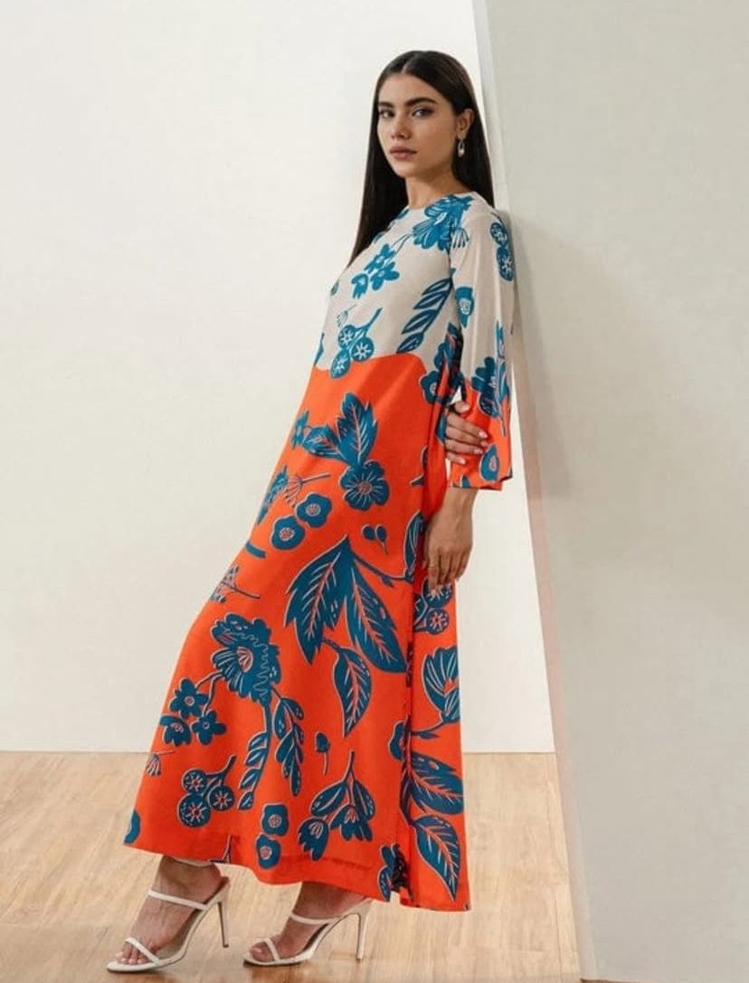 Orange & Blue Floral Long Dress