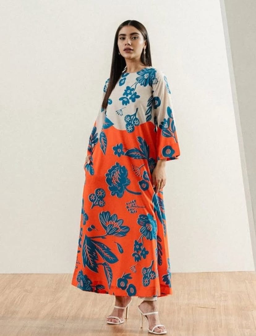 Orange & Blue Floral Long Dress