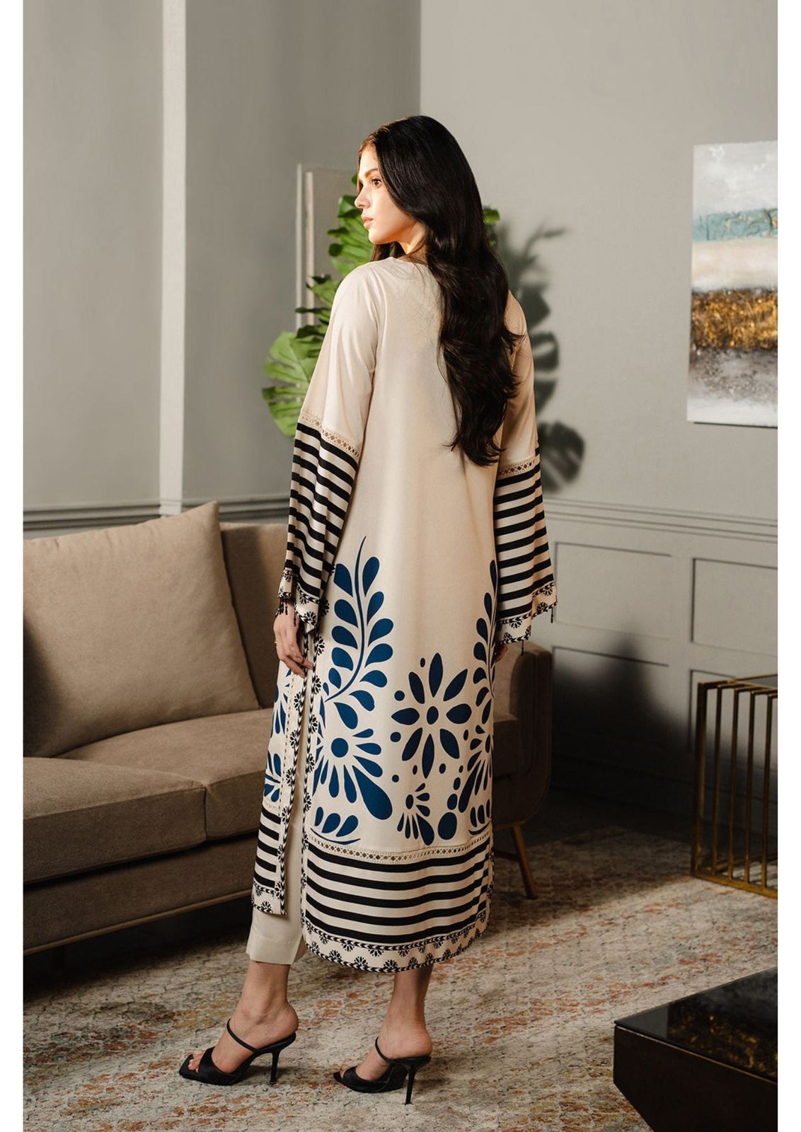 Cream & Blue Floral Long Dress