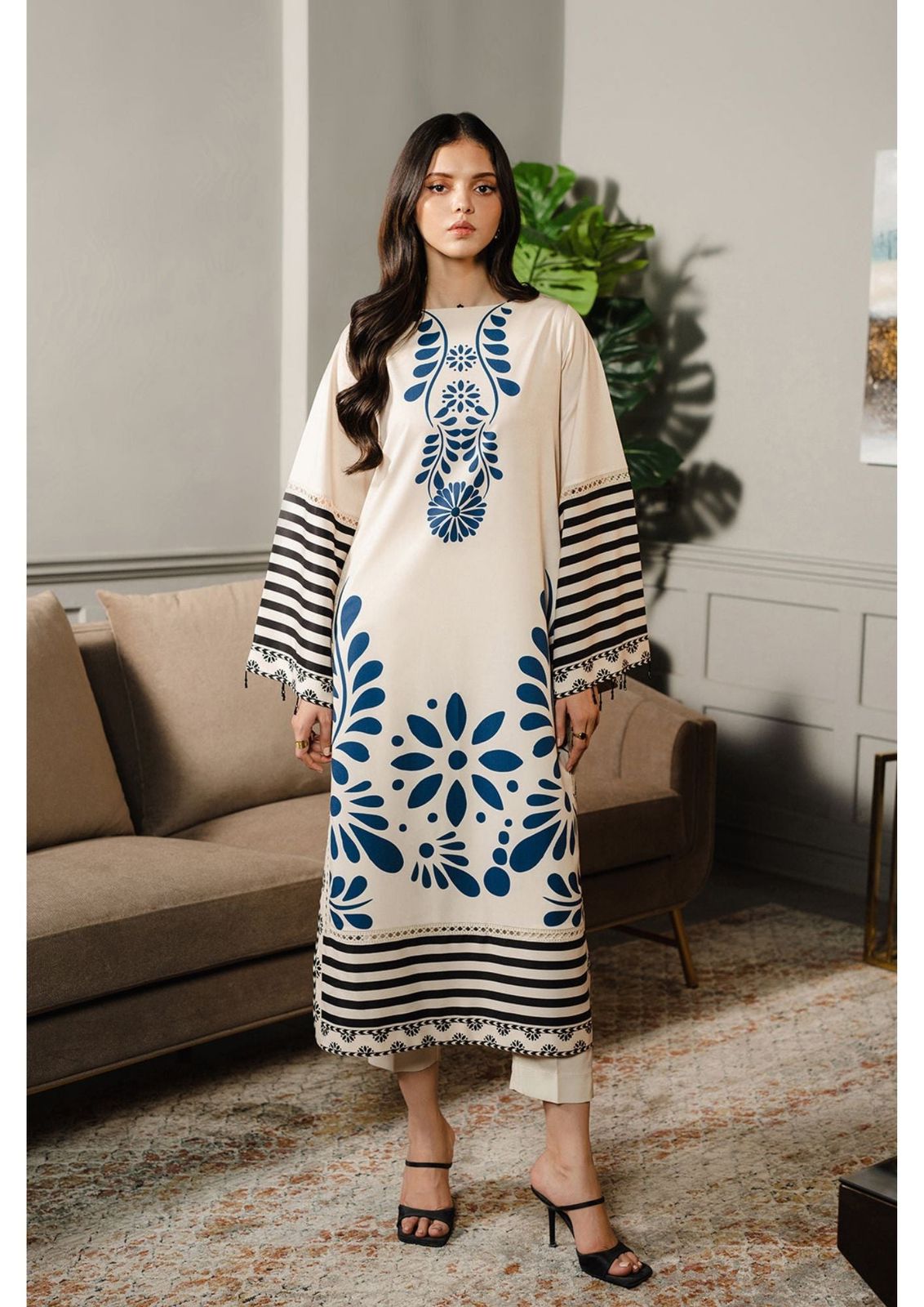 Cream & Blue Floral Long Dress