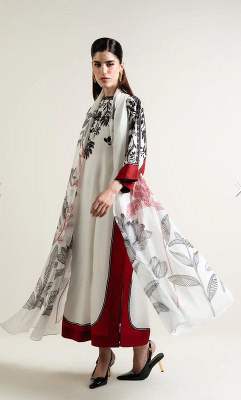 Black & White Floral Long Dress 3 Piece